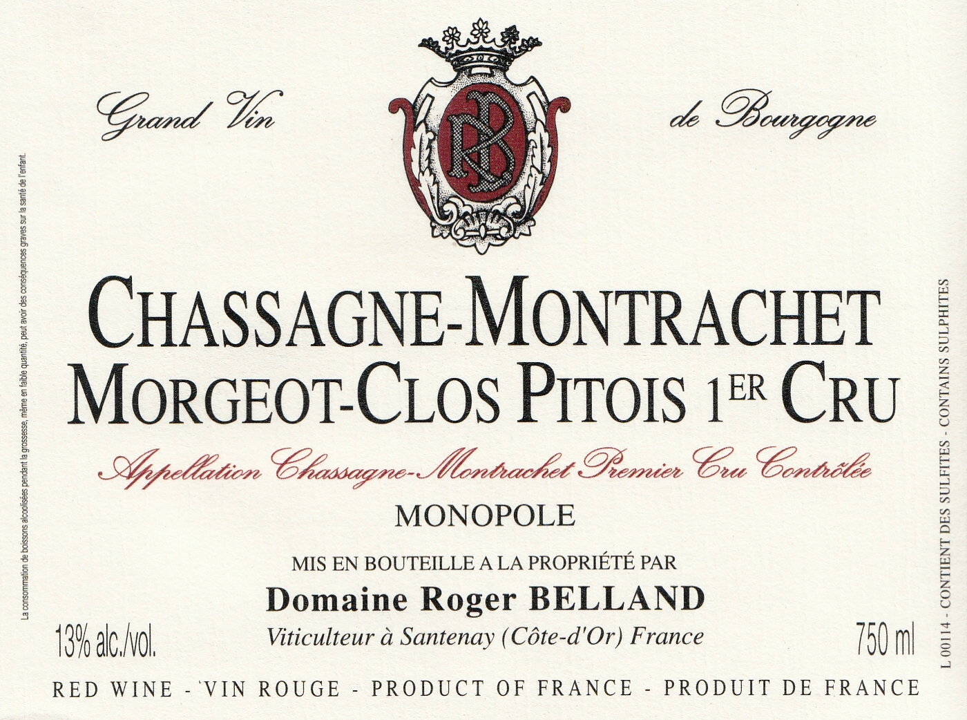 Bourgogne Chassagne-Montrachet Réf.n°133 Etiquette de Vin 